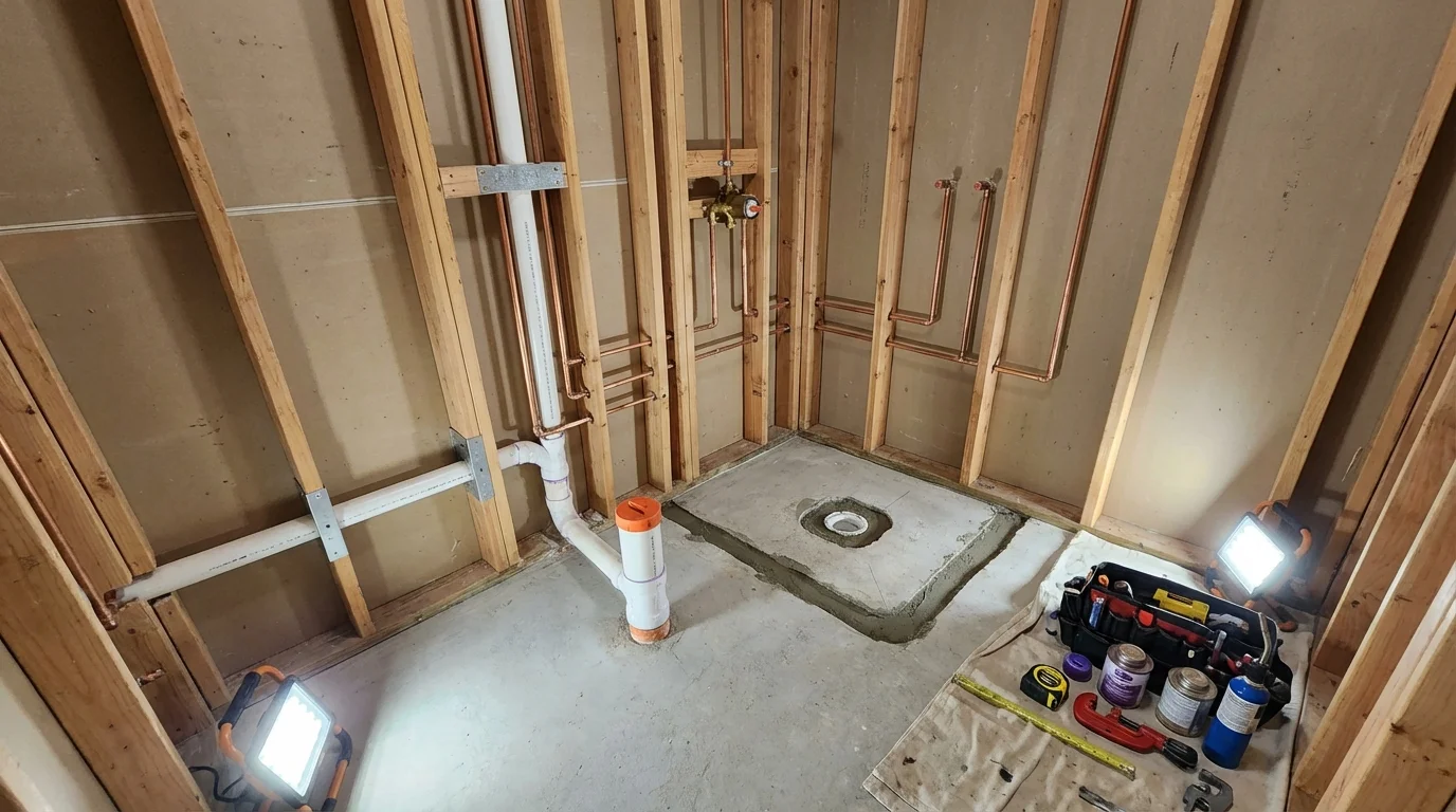 Bathroom rough-in plumbing during remodel by Johns Plumbing LLC in Sardis
