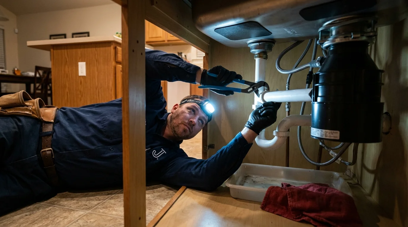 P-trap and supply line connections under a kitchen sink showing a common leak point in Sardis, GA